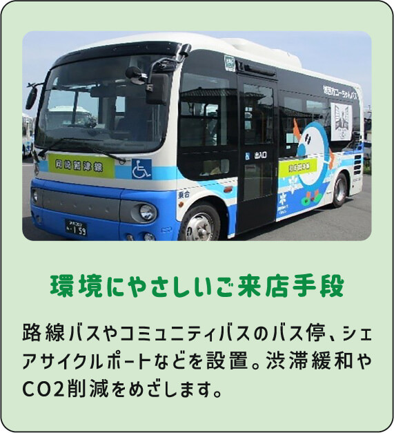 環境にやさしいご来店手段 路線バスやコミュニティバスのバス停、シェアサイクルポートなどを設置。渋滞緩和やCO2削減をめざします。